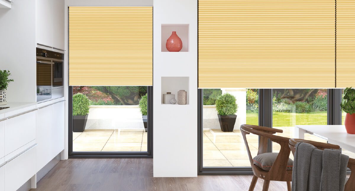 yellow pleated blinds in modern kitchen